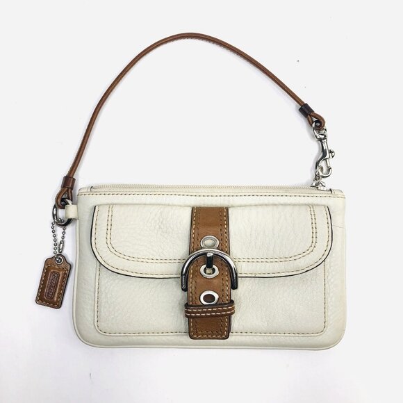 Vintage COACH Off White Brown Leather Wristlet Wallet Clutch Pouch Bag Eyelets - Picture 2 of 12